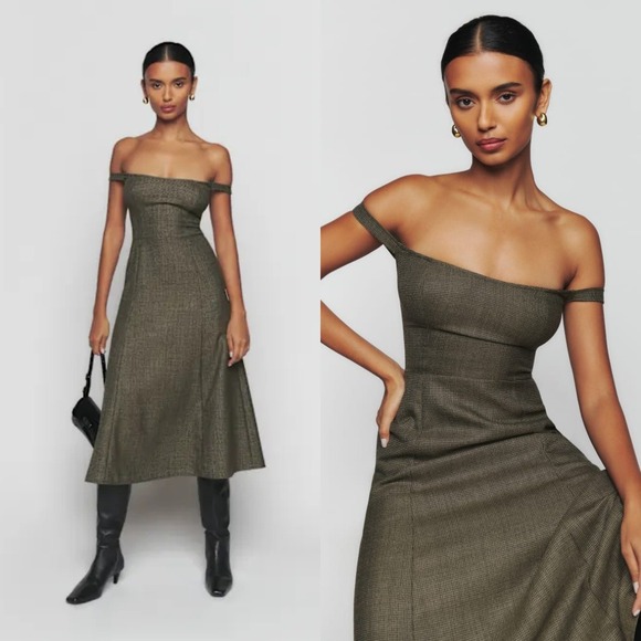 ReformationStratford Wool Off-the-Shoulder‎ Midi Dress in Black Check